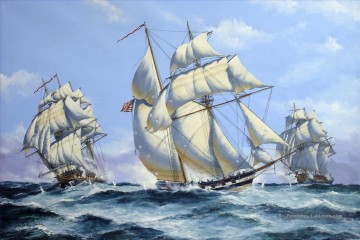 voiliers vagues volleys Navire de guerre Peinture à l'huile